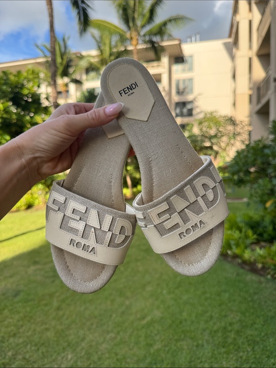Fendi Shoes - 100% Auth Fendi Beige Logo Slide Sandals